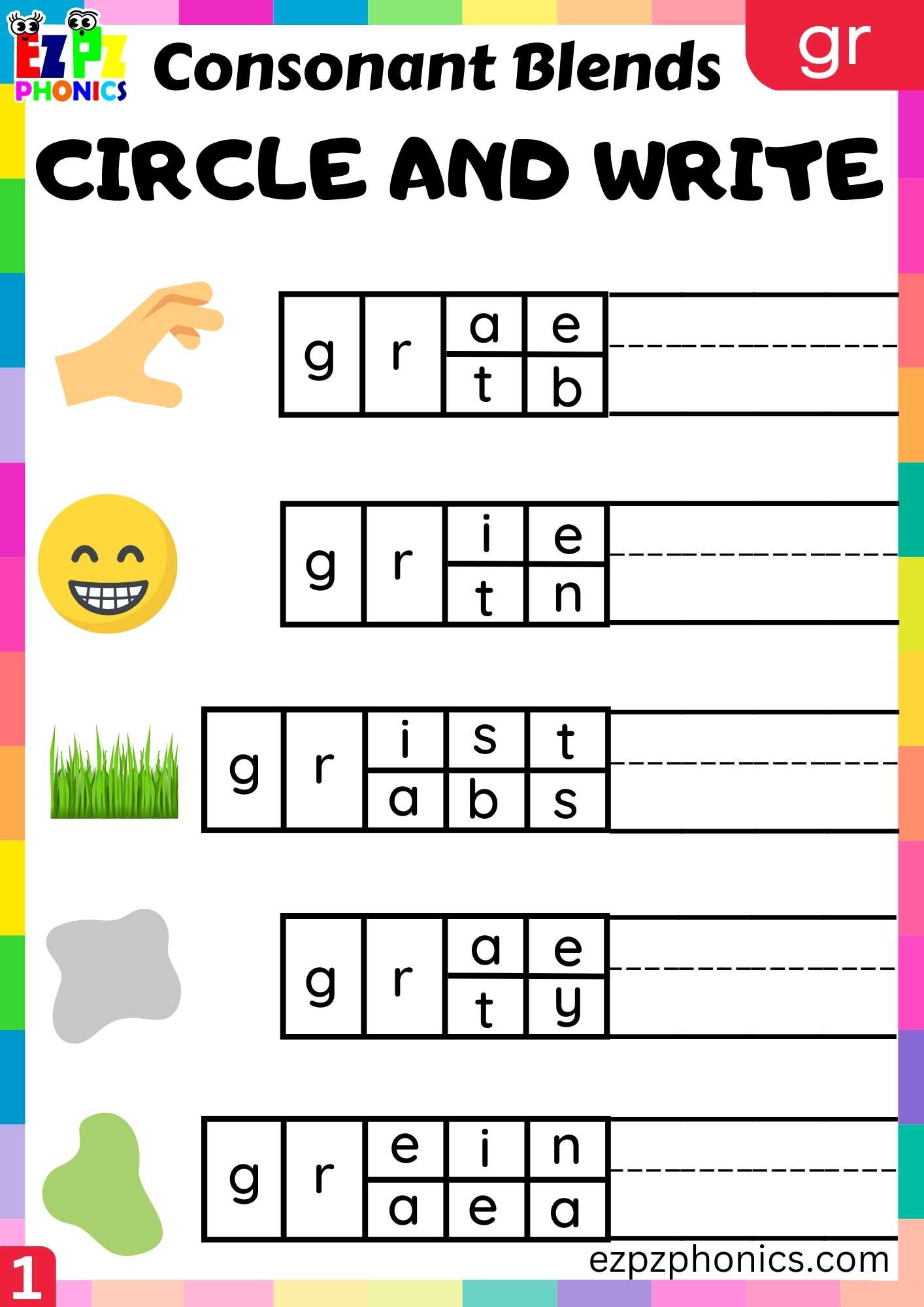 Group1 GR Words Circle And Write Phonics Consonant Blends Worksheet